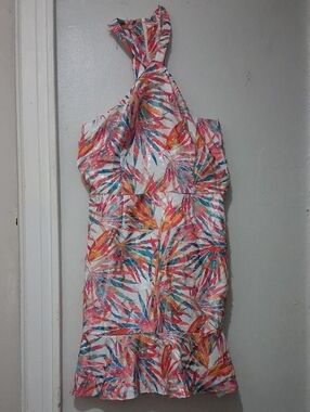 Colorful Tropical Leaf Halter One-Piece Dress in Multicolor